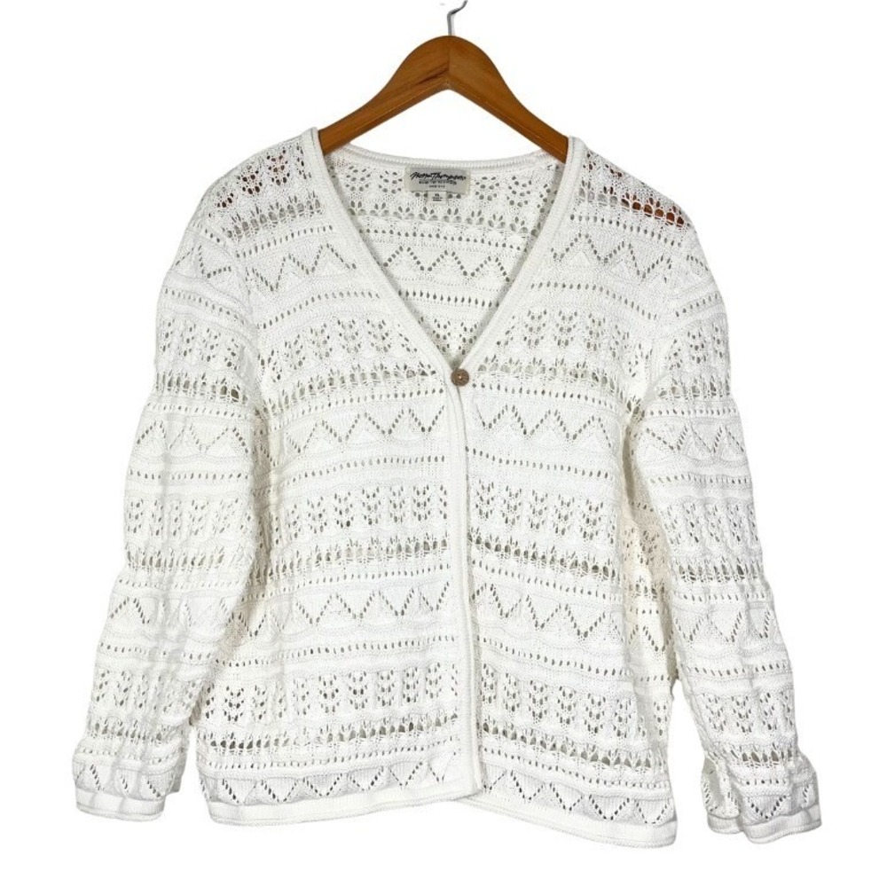 Norm Thompson White 100% Cotton Pointelle Knit Single Button Cardigan Sweater XL